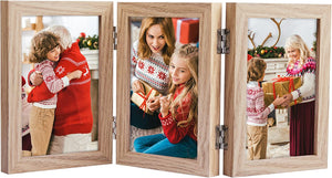 upsimples 3 Picture Frame, 5x7 Picture Frame Collage with 3 Openings, Trifold Hinged Family Photo Frame with Real Glass for Tabletop Display, Beige
