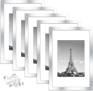 upsimples 8x12 Picture Frame Set of 5, Display Pictures 6x8 with Mat or 8x12 Without Mat, Wall Gallery Photo Frames, Silver