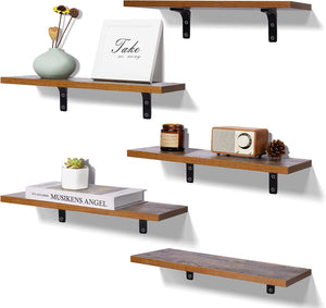 upsimples Floating Shelves for Wall Décor Storage, Wall Mounted Shelves Set of 5, Sturdy Wood Floating Shelves with Metal Brackets for Bedroom, Living Room, Bathroom, Kitchen, Dark Brown