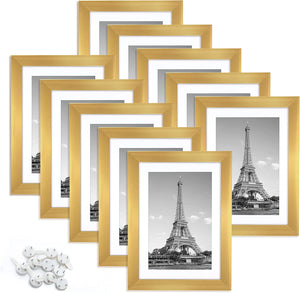 upsimples 5x7 Picture Frame Set of 10,Display Pictures 4x6 with Mat or 5x7 Without Mat,Multi Photo Frames Collage for Wall or Tabletop Display,Gold