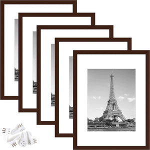 upsimples 12x16 Picture Frame Set of 5, Display Pictures 8.5x11 with Mat or 12x16 Without Mat, Wall Gallery Photo Frames, Brown