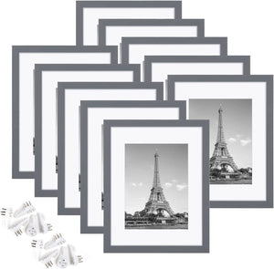 upsimples 8.5x11 Picture Frame Set of 10, Display Pictures 6x8 with Mat or 8.5x11 Without Mat, Multi Photo Frames Collage for Wall or Tabletop Display, Dark Gray