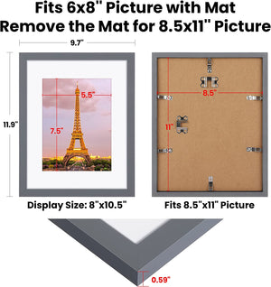 upsimples 8.5x11 Picture Frame Set of 3, Made of High Definition Glass for 6x8 with Mat or 8.5x11 Without Mat, Wall Mounting Photo Frames, Dark Gray