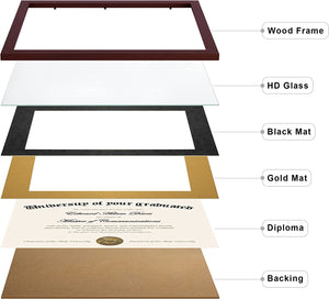 upsimples 11x14 Diploma Frame Certificate Degree Document Frame with High Definition Glass, 1 Pack Diploma Frames 8.5 x 11 with mat for Wall and Tabletop, Mahogany Double Mat