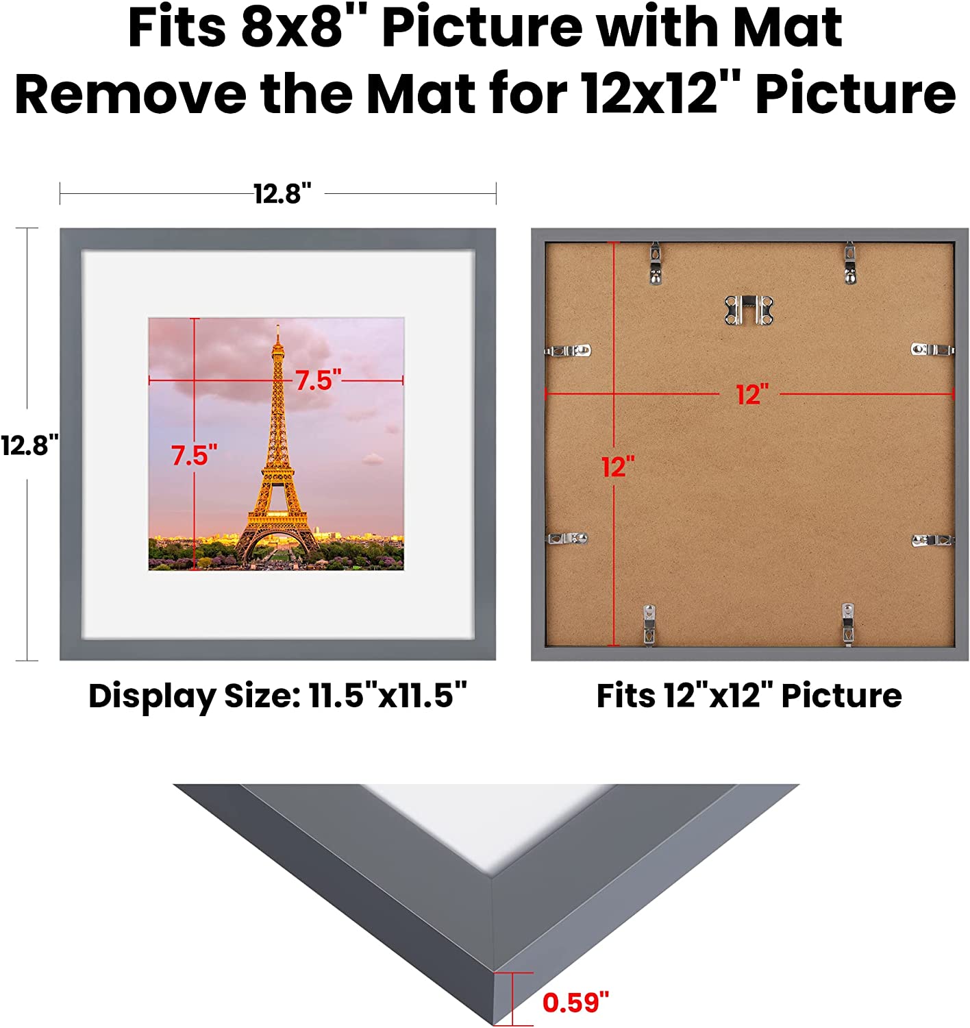 Upsimples 3 Pcs 12x12 Picture Frame, Display Pictures 8x8 with Mat or 12x12  Without Mat, Wall Gallery Photo Frames