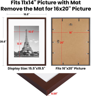 upsimples 16x20 Picture Frame Set of 5, Display Pictures 11x14 with Mat or 16x20 Without Mat, Wall Gallery Poster Frames, Brown
