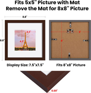 upsimples 8x8 Picture Frame Set of 3, Display Pictures 5x5 with Mat or 8x8 Without Mat, Multi Photo Frames Collage for Wall, Brown