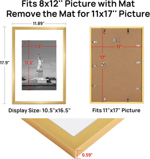 ENJOYBASICS 11x17 Picture Frame Gold Poster Frame, Display Pictures 8x12 with Mat or 11x17 Without Mat, Wall Gallery Photo Frames, 2 Pack