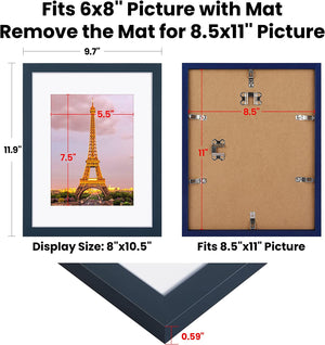 upsimples 8.5x11 Picture Frame Set of 3, Made of High Definition Glass for 6x8 with Mat or 8.5x11 Without Mat, Wall Mounting Photo Frames, Navy Blue