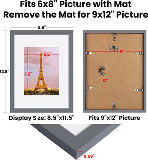 upsimples 9x12 Picture Frame Set of 3, Made of High Definition Glass for 6x8 with Mat or 9x12 Without Mat, Wall Mounting Photo Frames, Dark Gray