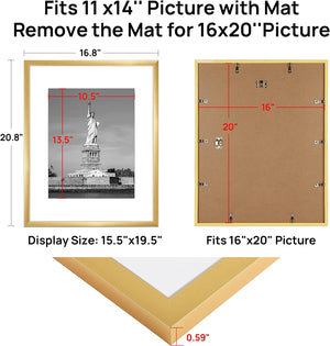 ENJOYBASICS 16x20 Picture Frame Gold Poster Frame, Display Pictures 11x14 with Mat or 16x20 Without Mat, Wall Gallery Photo Frames, 2 Pack