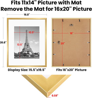 upsimples 16x20 Picture Frame Set of 5, Display Pictures 11x14 with Mat or 16x20 Without Mat, Wall Gallery Poster Frames, Gold