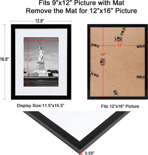 ENJOYBASICS 12x16 Picture Frame Black Poster Frame,Display Pictures 9x12 with Mat or 12x16 Without Mat,Wall Gallery Photo Frames,2 Pack