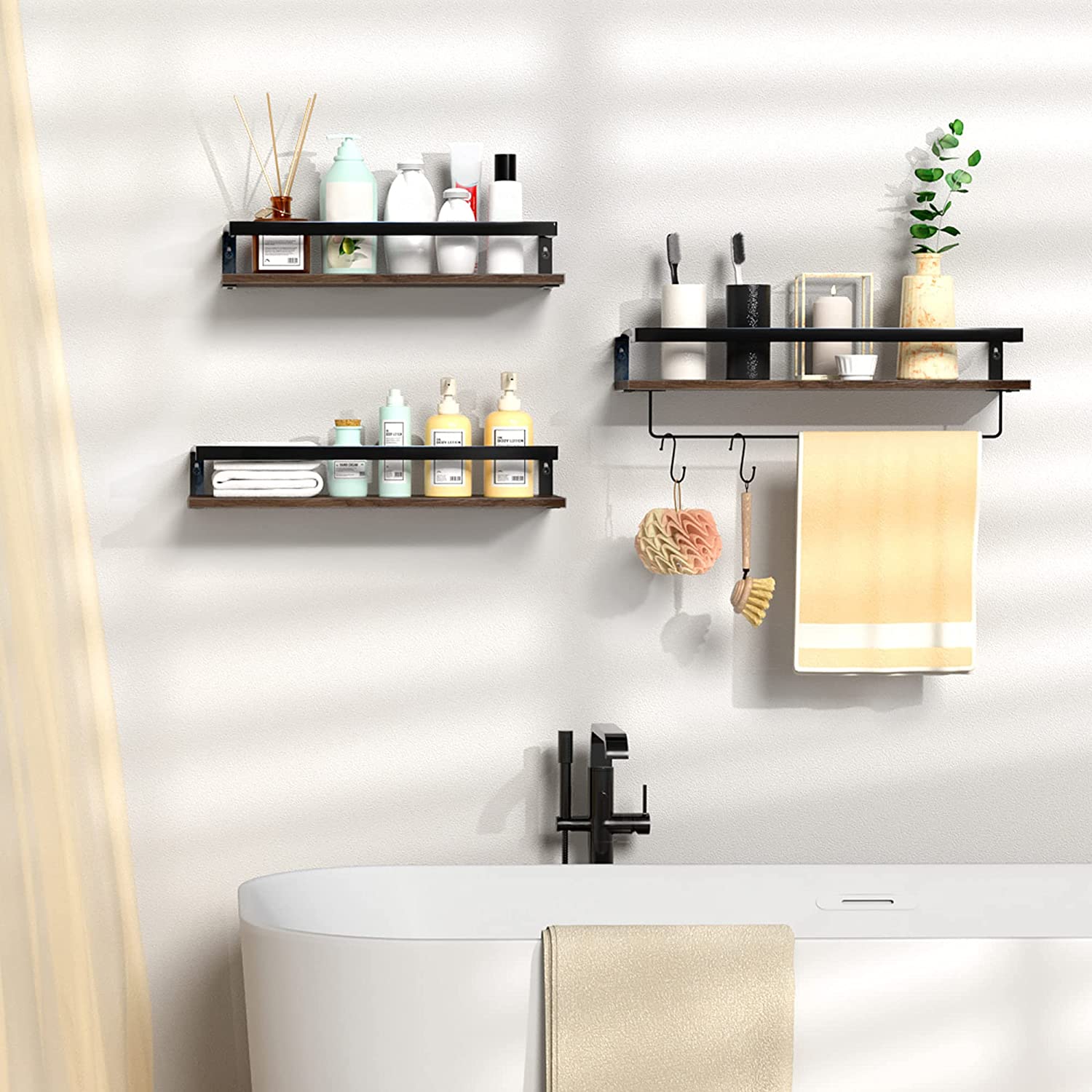 Wall Mounted Floating Shelves, 3 Sets Wood Bathroom Shelves with