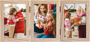 upsimples 3 Picture Frame, 5x7 Picture Frame Collage with 3 Openings, Trifold Hinged Family Photo Frame with Real Glass for Tabletop Display, Beige