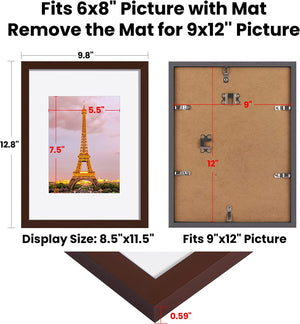 upsimples 9x12 Picture Frame Set of 3, Made of High Definition Glass for 6x8 with Mat or 9x12 Without Mat, Wall Mounting Photo Frames, Brown