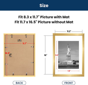 ENJOYBASICS A3 Picture Frame Gold Poster Frame,Display Pictures 8.3x11.7 with Mat or 11.7x16.5 Without Mat,Wall Gallery Photo Frames,2 Pack