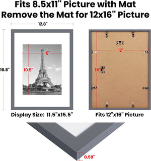 upsimples 12x16 Picture Frame Set of 5, Display Pictures 8.5x11 with Mat or 12x16 Without Mat, Wall Gallery Photo Frames, Dark Gray