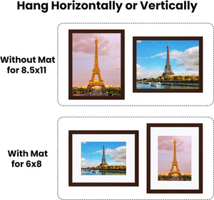 upsimples 8.5x11 Picture Frame Set of 3, Made of High Definition Glass for 6x8 with Mat or 8.5x11 Without Mat, Wall Mounting Photo Frames, Brown
