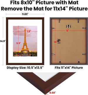 upsimples 11x14 Picture Frame Set of 3, Made of High Definition Glass for 8x10 with Mat or 11x14 Without Mat, Wall Mounting Photo Frames, Brown
