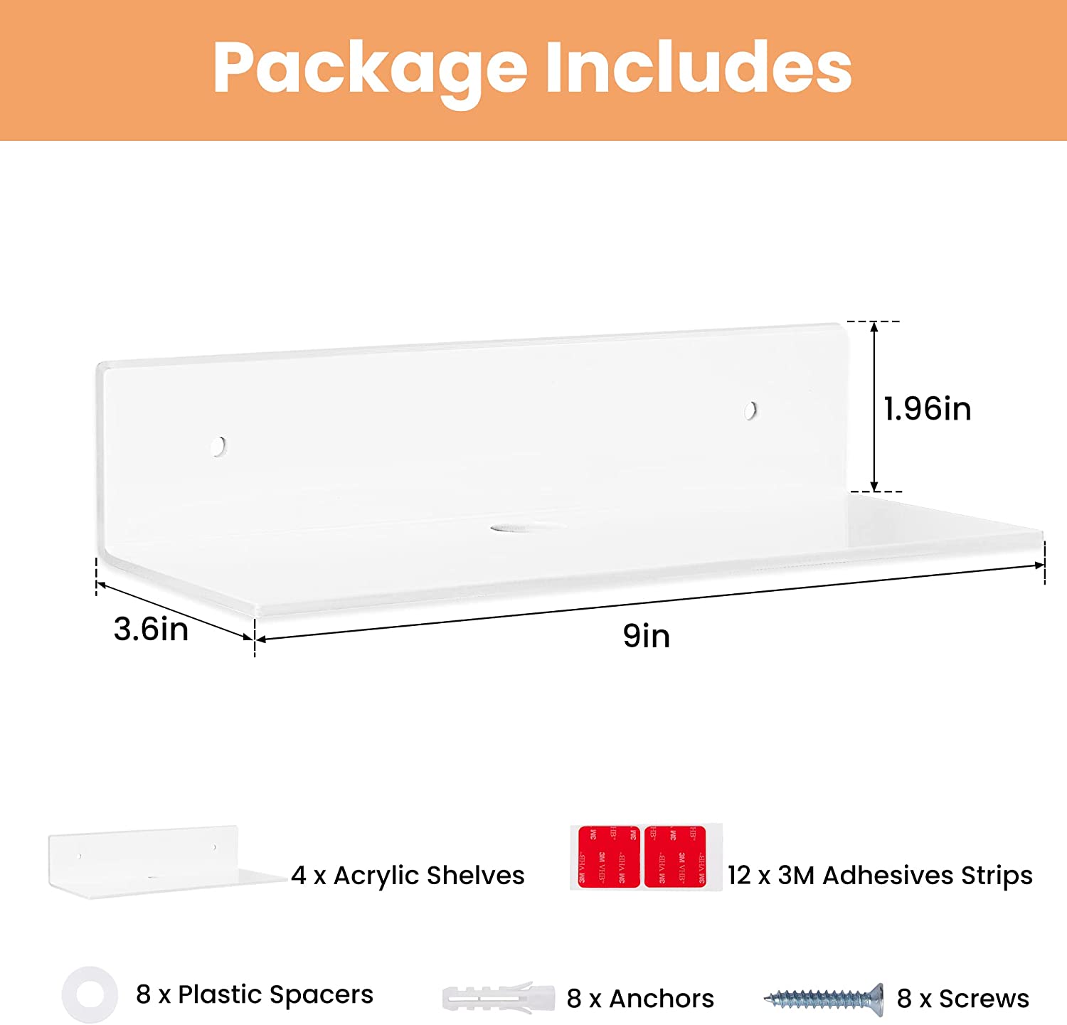 luium 9 Inch Acrylic Floating Shelf No Drill Adhesive Wall Shelf