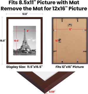 upsimples 12x16 Picture Frame Set of 5, Display Pictures 8.5x11 with Mat or 12x16 Without Mat, Wall Gallery Photo Frames, Brown