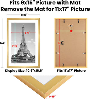 upsimples 11x17 Picture Frame Set of 5, Display Pictures 9x15 with Mat or 11x17 Without Mat, Wall Gallery Photo Frames, Gold