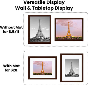 upsimples 8.5x11 Picture Frame Set of 10, Display Pictures 6x8 with Mat or 8.5x11 Without Mat, Multi Photo Frames Collage for Wall or Tabletop Display, Brown