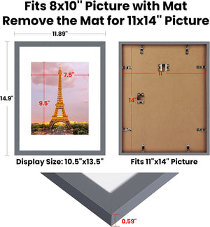 upsimples 11x14 Picture Frame Set of 3, Made of High Definition Glass for 8x10 with Mat or 11x14 Without Mat, Wall Mounting Photo Frames, Dark Gray