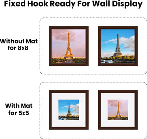 upsimples 8x8 Picture Frame Set of 3, Display Pictures 5x5 with Mat or 8x8 Without Mat, Multi Photo Frames Collage for Wall, Brown