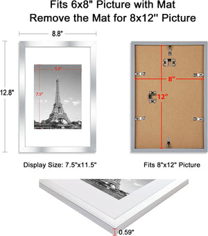 upsimples 8x12 Picture Frame Set of 5, Display Pictures 6x8 with Mat or 8x12 Without Mat, Wall Gallery Photo Frames, Silver