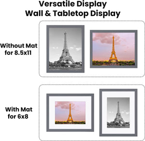 upsimples 8.5x11 Picture Frame Set of 10, Display Pictures 6x8 with Mat or 8.5x11 Without Mat, Multi Photo Frames Collage for Wall or Tabletop Display, Dark Gray