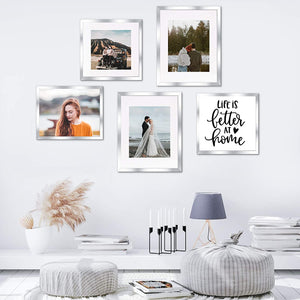 upsimples 8x10 Picture Frame Set of 5,Display Pictures 5x7 with Mat or 8x10 Without Mat,Wall Gallery Photo Frames,Silver