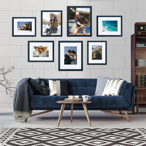 upsimples 8.5x11 Picture Frame Set of 3, Made of High Definition Glass for 6x8 with Mat or 8.5x11 Without Mat, Wall Mounting Photo Frames, Navy Blue