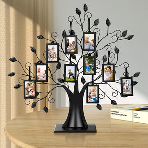 upsimples Family Tree Picture Frame with 10 Hanging Photo Frames Holds 2"x 3" Pictures, Metal Free-Standing Decor Christmas Gifts For Mom, Grandma, Family, Wallet Size Tree Photo Holder Gift - Black