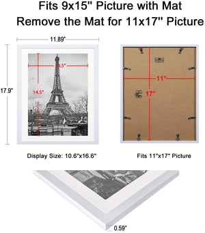 upsimples 11x17 Picture Frame Set of 5,Display Pictures 9x15 with Mat or 11x17 Without Mat,Wall Gallery Photo Frames,White
