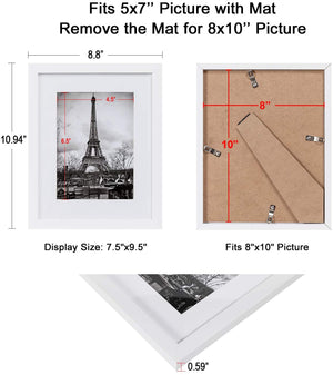 upsimples 8x10 Picture Frame Set of 10,Display Pictures 5x7 with Mat or 8x10 Without Mat,Multi Photo Frames Collage for Wall or Tabletop Display,White