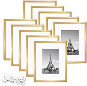 upsimples 8x10 Picture Frame Set of 10,Display Pictures 5x7 with Mat or 8x10 Without Mat,Multi Photo Frames Collage for Wall or Tabletop Display,Gold