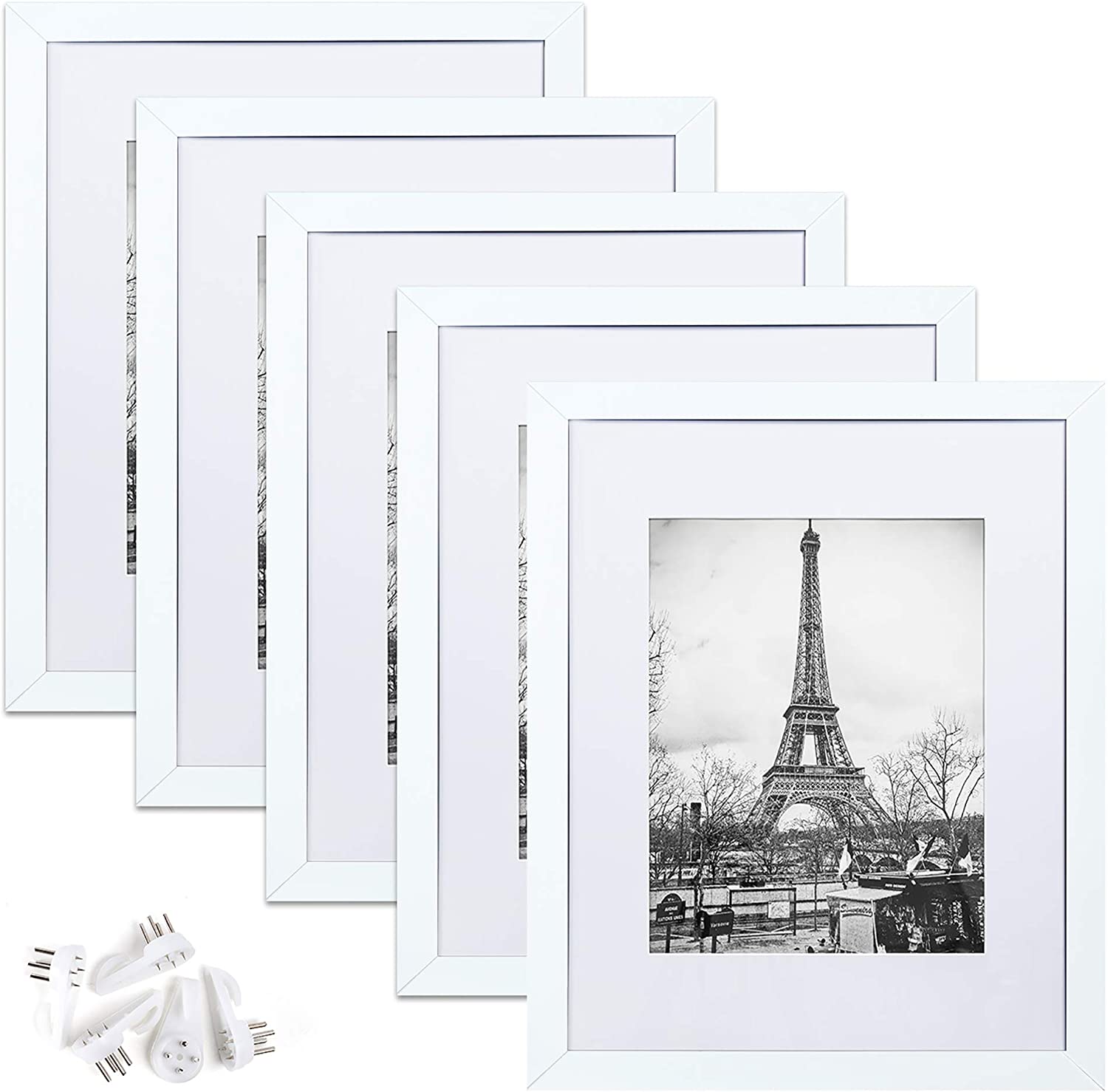upsimples Picture Frame Set of 5, Display Pictures 8x10 with Mat or 11x14  Without Mat, Wall Gallery Photo Frames, White