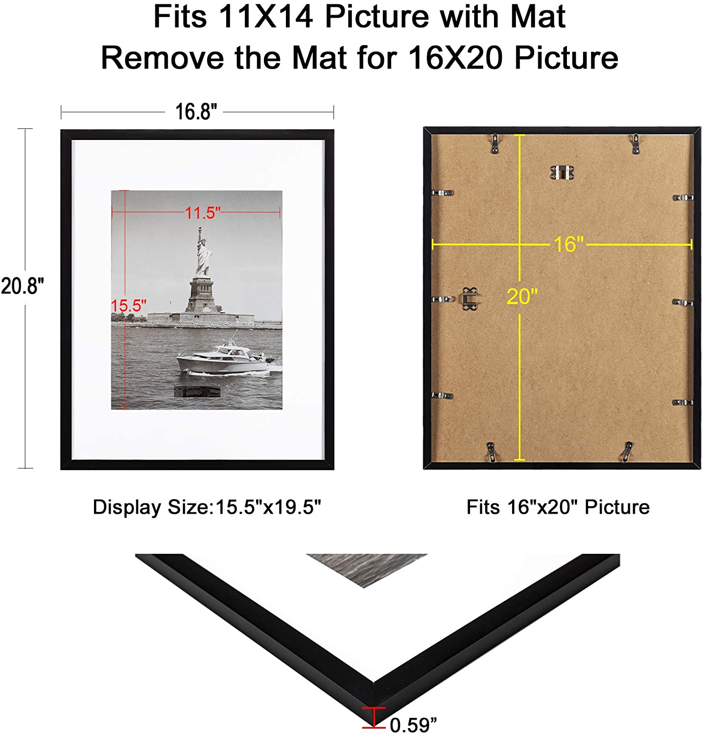 ENJOYBASICS 16x20 Picture Frame, Display Poster 11x14 with Mat or