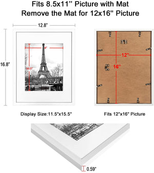 upsimples 12x16 Picture Frame Set of 5,Display Pictures 8.5x11 with Mat or 12x16 Without Mat,Wall Gallery Photo Frames,White