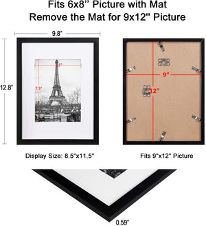 upsimples 9x12 Picture Frame Set of 5,Display Pictures 6x8 with Mat or 9x12 Without Mat,Wall Gallery Photo Frames,Black
