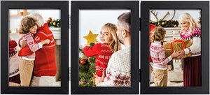 upsimples 3 Picture Frame Fathers Day, 4x6 Picture Frame Collage with 3 Openings, Trifold Hinged Family Photo Frame with Real Glass for Tabletop Display, Black