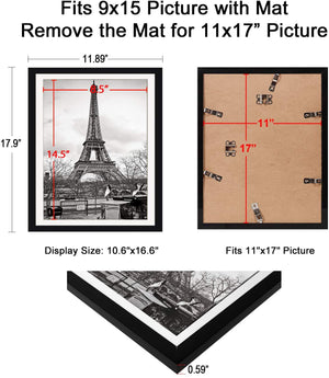 upsimples 11x17 Picture Frame Set of 5,Display Pictures 9x15 with Mat or 11x17 Without Mat,Wall Gallery Photo Frames,Black
