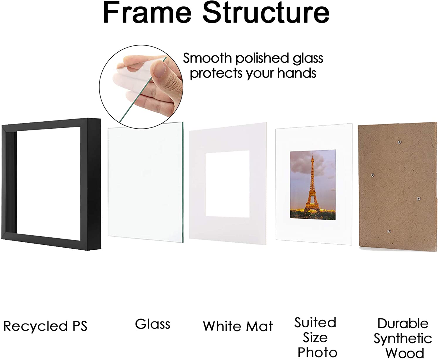  BOICHEN 8x8 Picture Frame Set of 3, Display Pictures 5x5 with  Mat or 8x8 Without Mat, Wall Gallery Photo Frames, Black