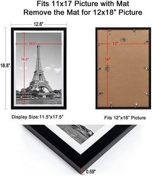 upsimples 12x18 Picture Frame Set of 5,Display Pictures 11x17 with Mat or 12x18 Without Mat,Wall Gallery Photo Frames,Black