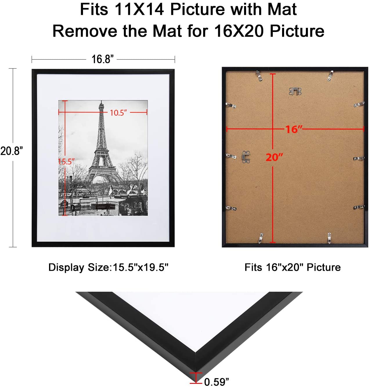 upsimples 16x20 Picture Frame Set of 5, Display Pictures 11x14 with Mat or  16x20 Without Mat, Wall Gallery Poster Frames, Natural