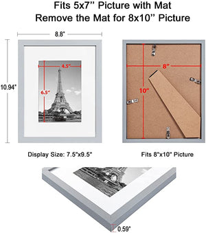 upsimples 8x10 Picture Frame Set of 10,Display Pictures 5x7 with Mat or 8x10 Without Mat,Multi Photo Frames Collage for Wall or Tabletop Display,Light Grey