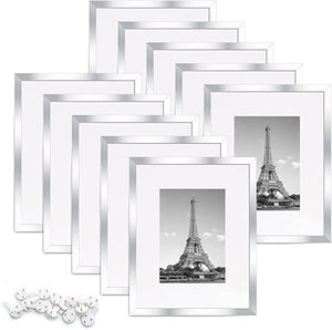 upsimples 8x10 Picture Frame Set of 10,Display Pictures 5x7 with Mat or 8x10 Without Mat,Multi Photo Frames Collage for Wall or Tabletop Display,Silver