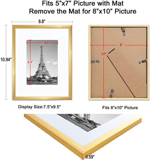 upsimples 8x10 Picture Frame Set of 10,Display Pictures 5x7 with Mat or 8x10 Without Mat,Multi Photo Frames Collage for Wall or Tabletop Display,Gold